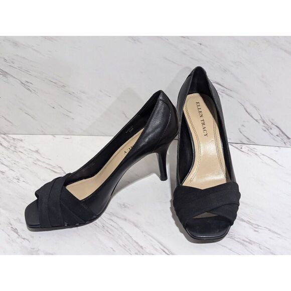 Ellen Tracy Women's Black Solid Leather Peep Toe Pump 3.5" Heels Size 7.5M - Picture 1 of 9